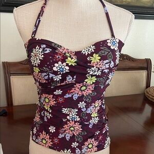 Anne Cole Floral Halter Ruched Camisole - Burgundy Multi